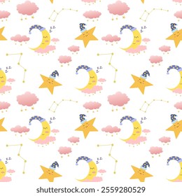 Night seamless pattern, dream sky. Background for kids with crescent moon, clouds, constellation and stars. Vector design