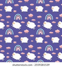 Night seamless pattern, dream sky. Background for kids with sheep or lamb, rainbow and clouds. Vector design