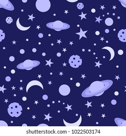 night seamless pattern with moon, stars and planet on blue dark background