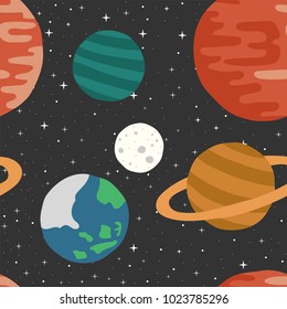 night seamless pattern with moon, stars and planet on blue dark background