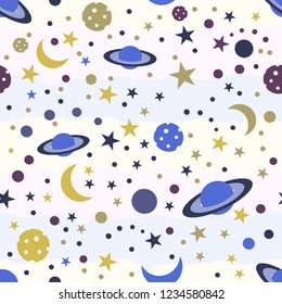 night seamless pattern with moon, stars and planet on color background