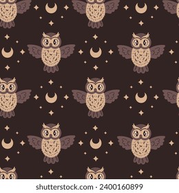 Night seamless pattern with owl stars and crescent. Cute mystical bird repeat vector illustration on dark brown background. Mystery, magic, esoteric, wild nature design.