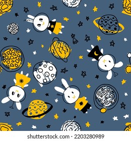 Night seamless pattern with rabbits cosmonauts discover universe. Perfect print for tee, textile and fabric. Hand drawn vector illustration for decor and design.