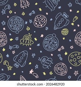 Nachtnahtloses Muster von Raketen und Planeten in Weltraumdoodles. Perfekt für Stoff, Scrapbooking, Textilien und Drucke. Vektorgrafik im Skizzenstil für Dekoration und Design.

