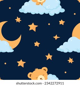 Night seamless pattern with sleeping bear, moon and stars