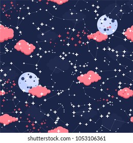 Night seamless pattern for textile or paper as the starry night sky. The space of the cosmos. The darkness of the galaxy. Vector illustration. Pink clouds. Full Moon. Constellation.