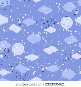 Night seamless pattern for textile or paper as the starry night sky. The space of the cosmos. The darkness of the galaxy. Vector illustration. Pink clouds. Full Moon. Constellation.