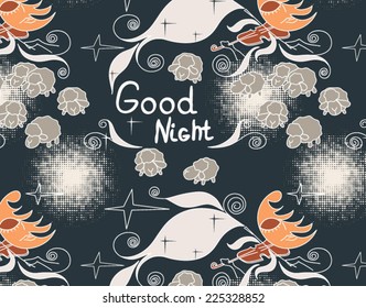 Night seamless sample.  Cute sheep on background night sky with moon and wish good night 