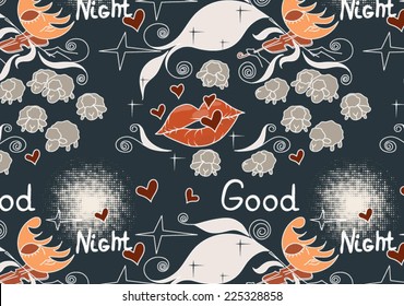 Night seamless sample.  Cute sheep on background night sky with moon and wish good night 