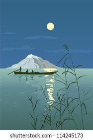 Night Seascape with Boat and Mountain
