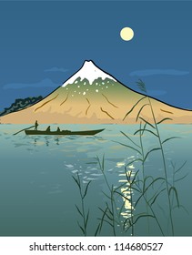 Night Seascape with Boat and Mountain