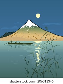 Night Seascape with Boat and Mountain