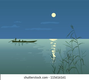 Night Seascape with Boat, vector