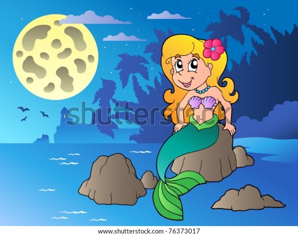 Night seascape with cartoon mermaid -
vector illustration.