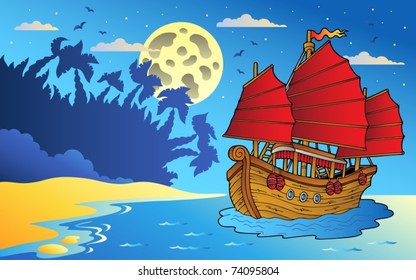 Night seascape with Chinese ship - vector illustration.