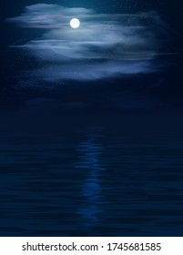 Night seascape. Dark landscape with a marine background and sunset, moon