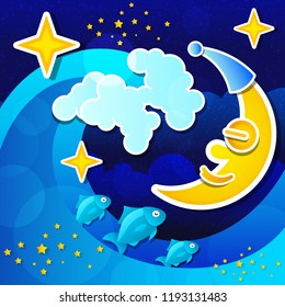 Night seascape with full moon and starry sky. Vector illustration