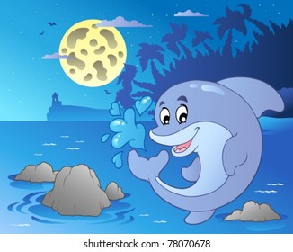 Night seascape with jumping dolphin - vector illustration.