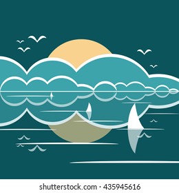 Night seascape. Landscape with clouds moon sailboat and birds. Reflection in water
