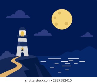 Night Seascape With Lighthouse And Cottage