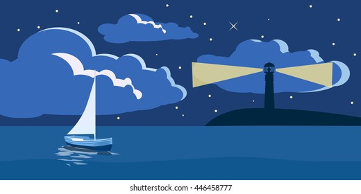 Night seascape, lighthouse, sailboat, vector illustration