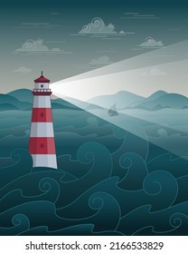 Ataque nocturno. El faro brilla en medio de las olas. Ilustración vectorial.