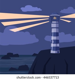 Night seascape, lighthouse, stones, vector illustration