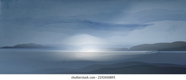 Ataque nocturno. Lofoten. Panorama, vistas al mar. Pintoresco paisaje abstracto. Fondo vectorial mínimo, adecuado para banners, folletos, web, folletos, volantes.