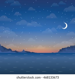 Night seascape with the moon. Vector illustration.
