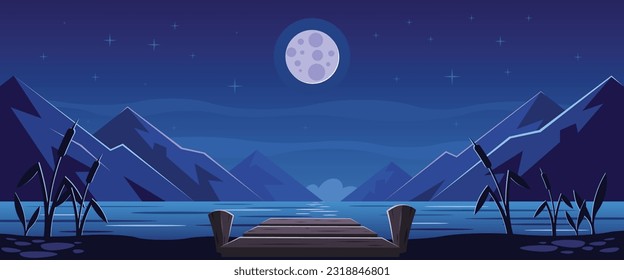 Night seascape with mountains on horizon, full moon and stars in sky. Nature landscape of lake or ocean coastline with rocks at midnight. Cartoon vector illustration