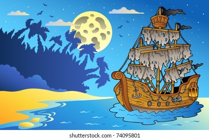 Night seascape with mysterious ship - vector illustration.