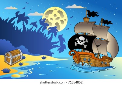 Night seascape with pirate ship 1 - vector illustration.
