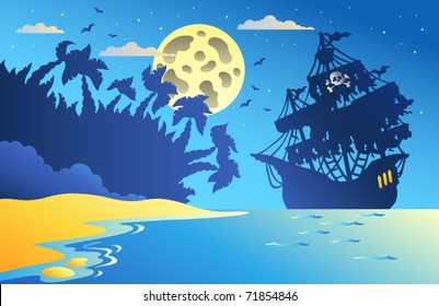 Night seascape with pirate ship 2 - vector illustration.