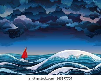 Night seascape with red sailboat and stormy sky