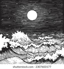 Night seascape of a stormy sea with moon and stars. Linear graphic drawing.