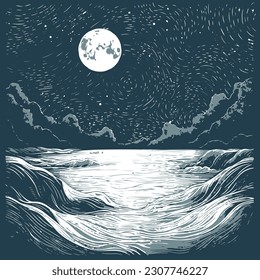 Night seascape of a stormy sea and mountains with moon and stars. Linear graphic drawing.