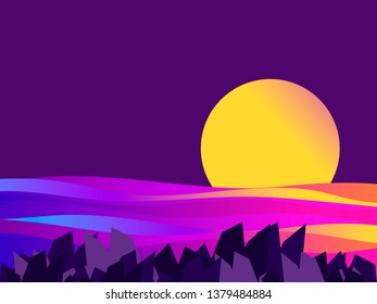 Night seascape. Sunset, gradient waves. Vectoran illustration