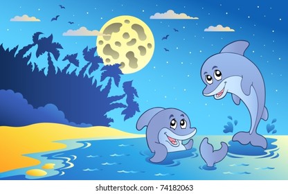 Night seascape with two dolphins - vector illustration.