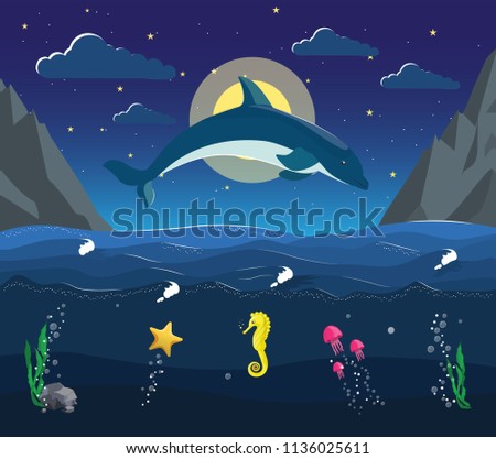 Night seascape with the underwater world in the ocean. Dolphin jumps out of the water on the background of moon and stars. Jellyfish starfish swim under water. Used for children illustration