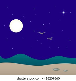 Night seascape, vector illustration