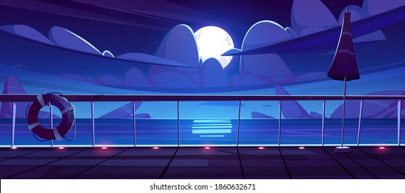 Vista nocturna del mar desde la cubierta de cruceros. Paisaje oceánico con rocas en el agua, luna y nubes en el cielo. Ilustración de dibujos animados de la cubierta de un barco de madera con barandilla, lámparas, salvavidas y paraguas