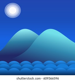 Night seascape with waves, mountains and full moon illustration