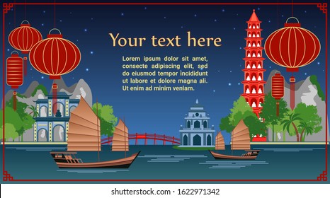 Night Seaside in Asia postcard and leaflets vector illustration