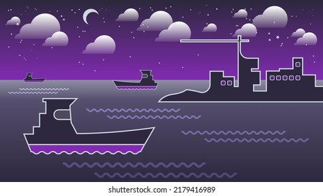 Night seaside landscape. Coast with port facilities, ships at sea against the background of the night sky with the moon, stars, clouds. Art line. Vector.