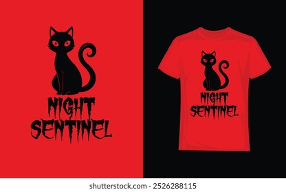 Night Sentinel cat halloween t-shirt vector illustration