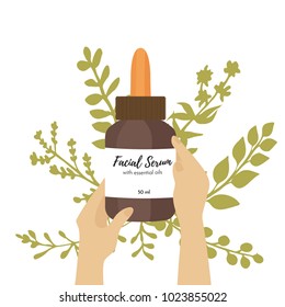 Night serum; hands holding a  dark glass bottle;cartoon vector illustration on herbal  background. Cosmetic ad mock up template for sale poster design.