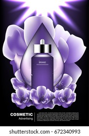 Night serum with water drop and blooming flowers on dark background and shining light vector purple cosmetic collection