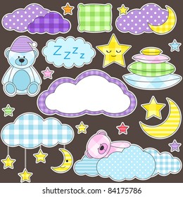 Conjunto nocturno de elementos de diseño vectorial: luna, estrellas, almohadas, nubes y osos de peluche dormidos. Agradable para las tarjetas, artesanales, álbumes, etc.