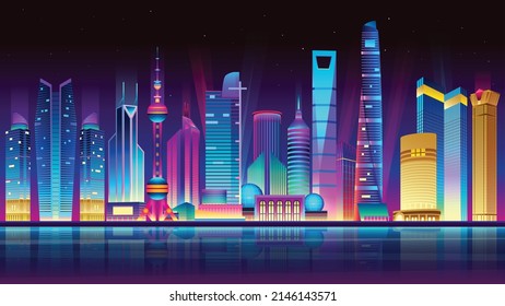 Noche Ciudad de Shanghai iluminada con luces de neón. Edificios y rascacielos modernos. Ilustración vectorial.