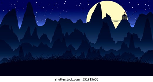 Night in sharp rocks(landscape,background,moon in mountains)